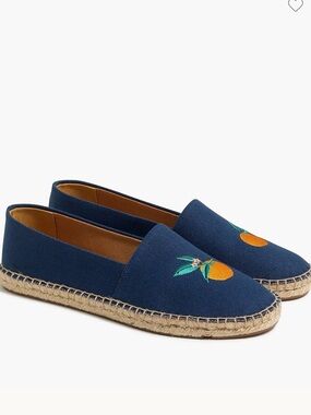 J. Crew Navy Canvas Espadrilles with Orange Embroidery